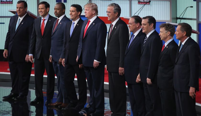 CLEVELAND, OH - AUGUST 06:  Republican presidential candidates (L-R) New Jersey Gov. Chris Christie, Sen. Marco Rubio (R-FL), Ben Carson, Wisconsin Gov. Scott Walker, Donald Trump, Jeb Bush, Mike Huckabee, Sen. Ted Cruz (R-TX), Sen. Rand Paul (R-KY) and John Kasich take the stage for the first prime-time presidential debate hosted by FOX News and Facebook at the Quicken Loans Arena August 6, 2015 in Cleveland, Ohio. The top-ten GOP candidates were selected to participate in the debate based on their rank in an average of the five most recent national political polls.  (Photo by Scott Olson/Getty Images)